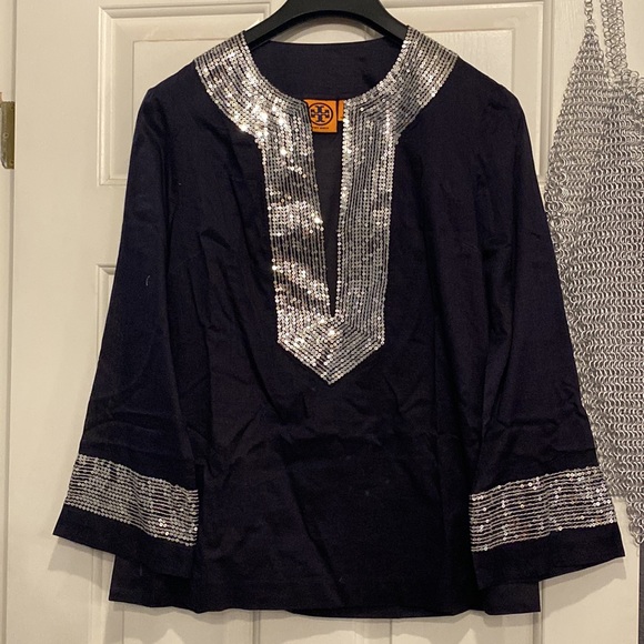 TORY BURCH - top: l/s navy 3/4 slv w silver sequin accents on neck & cuffs - 10 - Picture 2 of 16